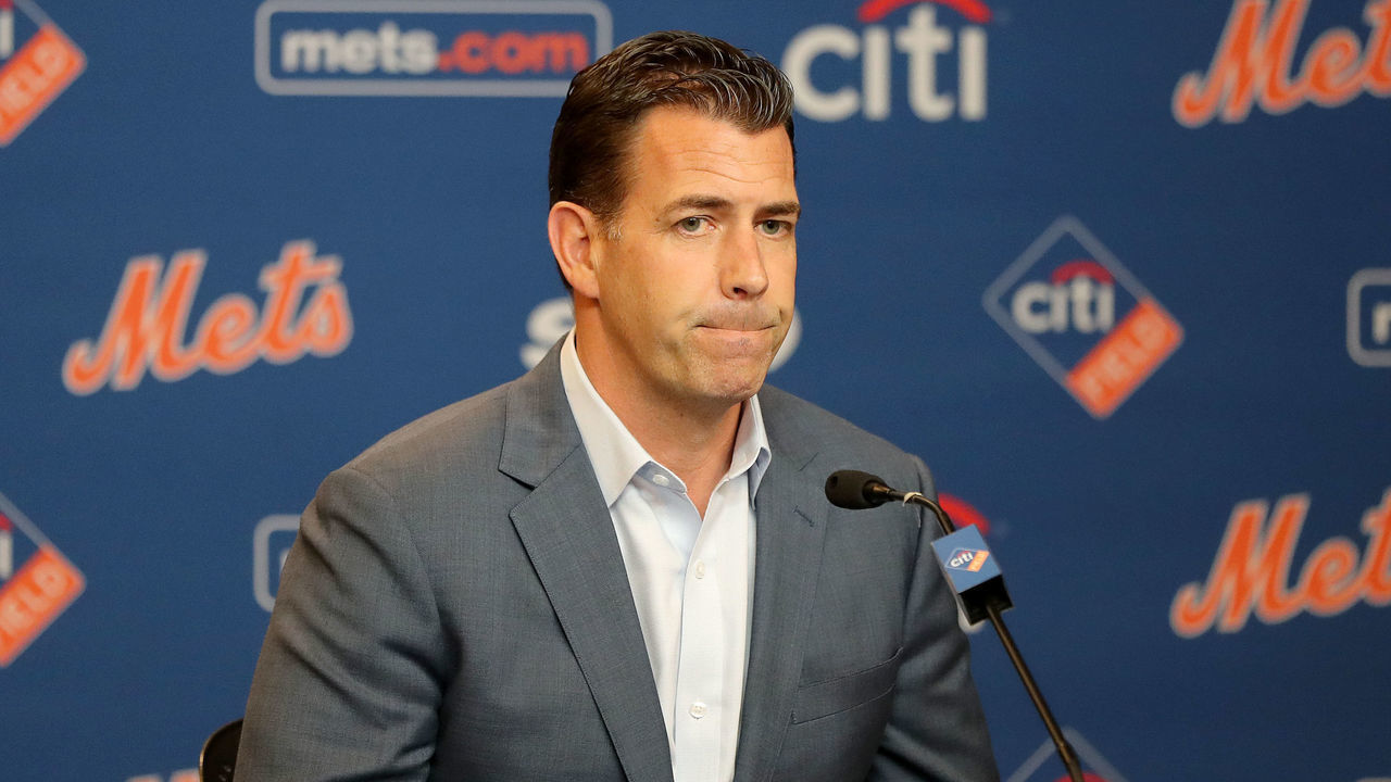 NEW YORK, NEW YORK - MAY 20: New York Mets general manager Brodie Van Wagenen answers questions during a press conference before the game between the New York Mets and the Washington Nationals at Citi Field on May 20, 2019 in the Flushing neighborhood of the Queens borough of New York City.