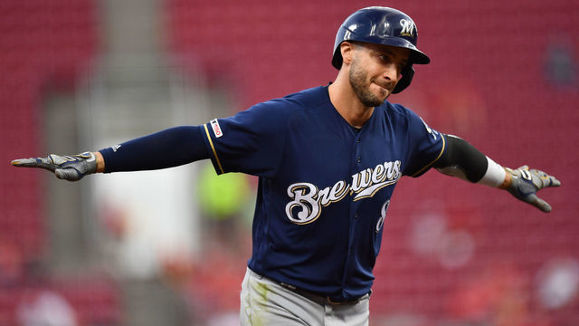 CINCINNATI, OH - SEPTEMBER 24: Ryan Braun #8 of the Milwaukee Brewers celebrates as he runs the bases after hitting a home run in the second inning against the Cincinnati Reds at Great American Ball Park on September 24, 2019 in Cincinnati, Ohio.