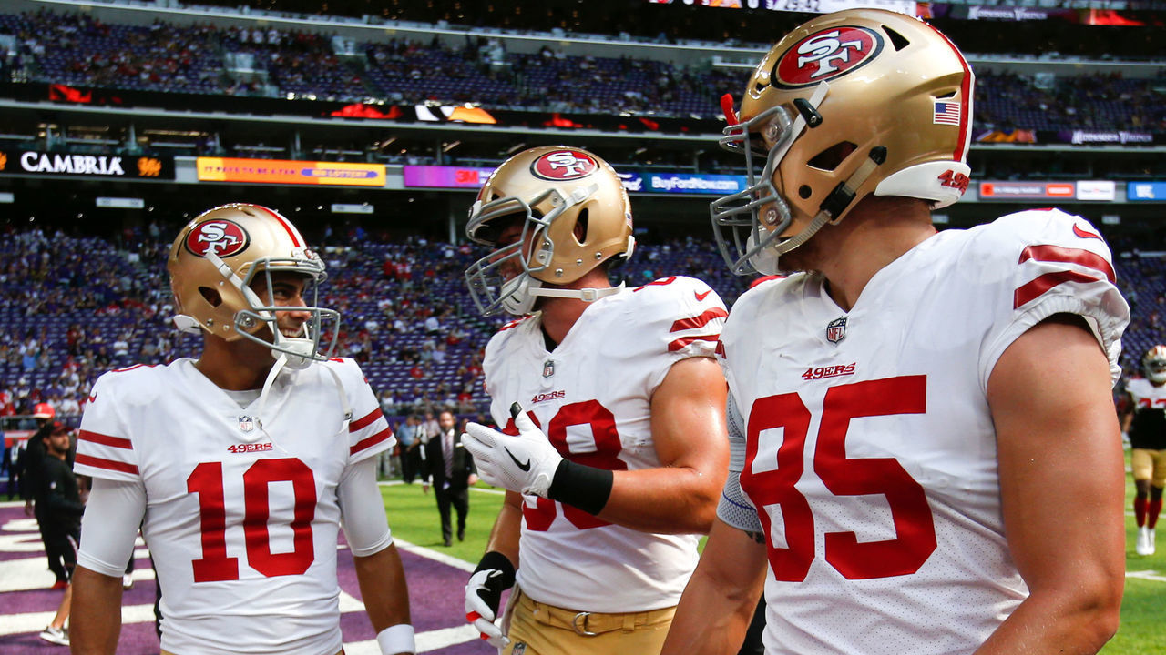 MINNEAPOLIS, MN - SEPTEMBER 9: Jimmy Garoppolo #10, Garrett Celek #88 and George Kittle #85 of the San Francisco 49ers talk on the field prior to the game against the Minnesota Vikings at U.S. Bank Stadium on September 9, 2018 in Minneapolis, Minnesota. The Vikings defeated the 49ers 24-16.