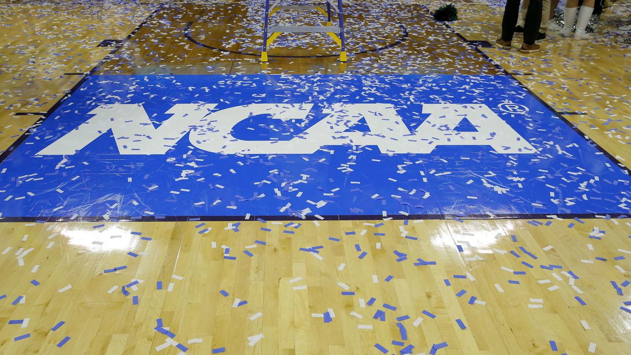 EVANSVILLE, IN - MARCH 30: The NCAA Logo covered in confetti after the NCAA Division II Final Four Championship basketball game between the Northwest Missouri State Bearcats and the Point Loma Sea Lions on March 30, 2019, at the Ford Center in Evansville, Indiana.
