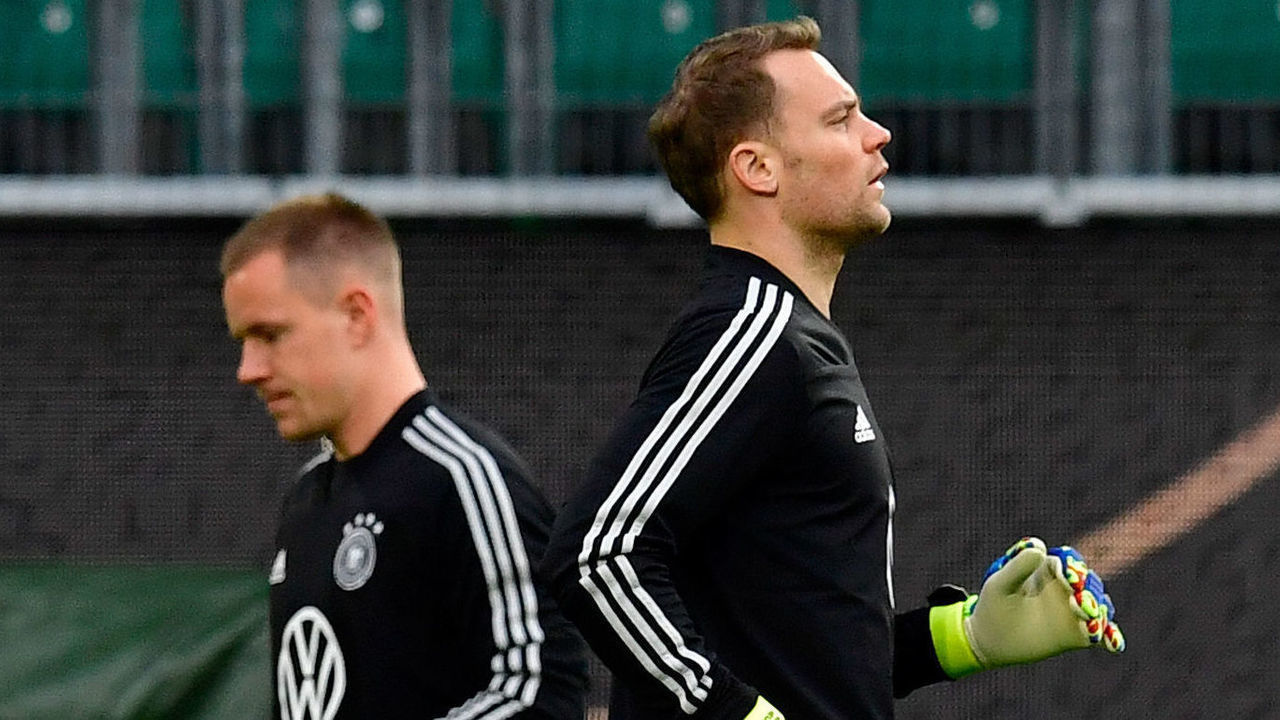 Germany's goalkeeper Manuel Neuer (R) and Germany's goalkeeper Marc-Andre ter Stegen take part in a training session on the eve of the friendly football match Germany v Serbia in Wolfsburg on March 19, 2019.
