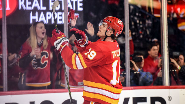 CALGARY, AB - APRIL 11: Calgary Flames Left Wing Matthew Tkachuk (19) brushes his stick as he celebrates a goal against the Colorado Avalanche during the second period of Game One of the Western Conference First Round during the 2019 Stanley Cup Playoffs where the Calgary Flames hosted the Colorado Avalanche on April 11, 2019, at the Scotiabank Saddledome in Calgary, AB.
