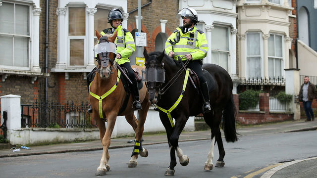 LONDON, ENGLAND - FEBRUARY 16: Police on horses are seen prior to the Sky Bet League One match between Charlton Athletic and Blackpool at The Valley on February 16, 2019 in London, United Kingdom.