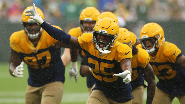 GREEN BAY, WI - SEPTEMBER 22 Green Bay Packers cornerback Will Redmond (25) leads a celebration during a game between the Green Bay Packers and the Denver Broncos at Lambeau Field on September 22, 2019 in Green Bay, WI.