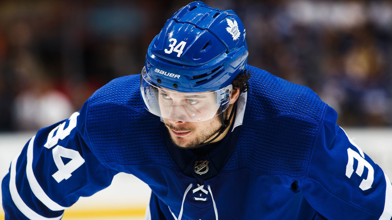 TORONTO, ON - APRIL 15: Auston Matthews #34 of the Toronto Maple Leafs waits on a face off against the Boston Bruins during the third period in Game Three of the Eastern Conference First Round during the 2019 NHL Stanley Cup Playoffs at the Scotiabank Arena on April 15, 2019 in Toronto, Ontario, Canada.
