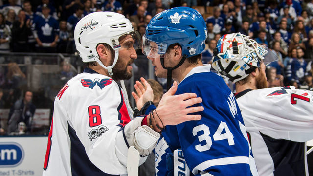 TORONTO, ON - APRIL 23: Auston Matthews #34 of the Toronto Maple Leafs congratulates Alex Ovechkin #8 of the Washington Capitals after the Capitals defeated the Leafs during overtime in Game Six of the Eastern Conference First Round during the 2017 NHL Stanley Cup Playoffs at the Air Canada Centre on April 23, 2017 in Toronto, Ontario, Canada.