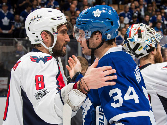 TORONTO, ON - APRIL 23: Auston Matthews #34 of the Toronto Maple Leafs congratulates Alex Ovechkin #8 of the Washington Capitals after the Capitals defeated the Leafs during overtime in Game Six of the Eastern Conference First Round during the 2017 NHL Stanley Cup Playoffs at the Air Canada Centre on April 23, 2017 in Toronto, Ontario, Canada.