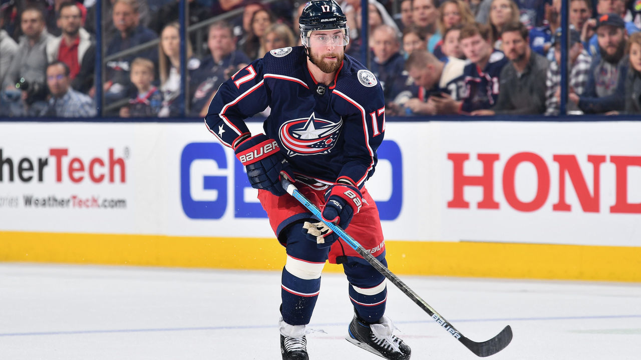COLUMBUS, OH - APRIL 14: Brandon Dubinsky #17 of the Columbus Blue Jackets skates against the Tampa Bay Lightning in Game Three of the Eastern Conference First Round during the 2019 NHL Stanley Cup Playoffs on April 14, 2019 at Nationwide Arena in Columbus, Ohio.