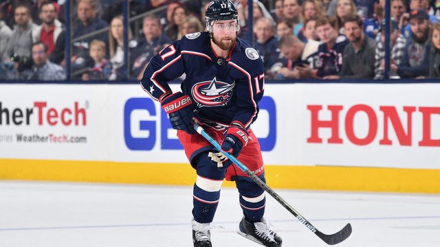 COLUMBUS, OH - APRIL 14: Brandon Dubinsky #17 of the Columbus Blue Jackets skates against the Tampa Bay Lightning in Game Three of the Eastern Conference First Round during the 2019 NHL Stanley Cup Playoffs on April 14, 2019 at Nationwide Arena in Columbus, Ohio.