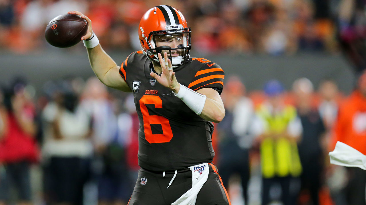 CLEVELAND, OH - SEPTEMBER 22: Cleveland Browns quarterback Baker Mayfield (6) throws a pass during the third quarter of the the National Football League game between the Los Angeles Rams and Cleveland Browns on September 22, 2019, at FirstEnergy Stadium in Cleveland, OH.