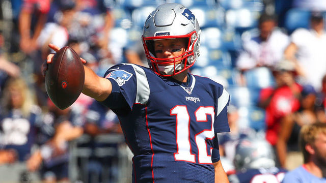 FOXBOROUGH, MA - SEPTEMBER 22: New England Patriots quarterback Tom Brady (12) warms up prior to the National Football League game between the New England Patriots and the New York Jets on September 22, 2019 at Gilette Stadium in Foxborough, MA.