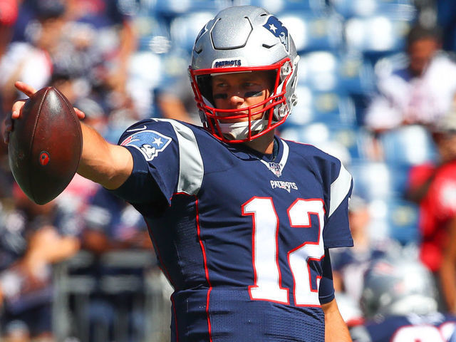 FOXBOROUGH, MA - SEPTEMBER 22: New England Patriots quarterback Tom Brady (12) warms up prior to the National Football League game between the New England Patriots and the New York Jets on September 22, 2019 at Gilette Stadium in Foxborough, MA.