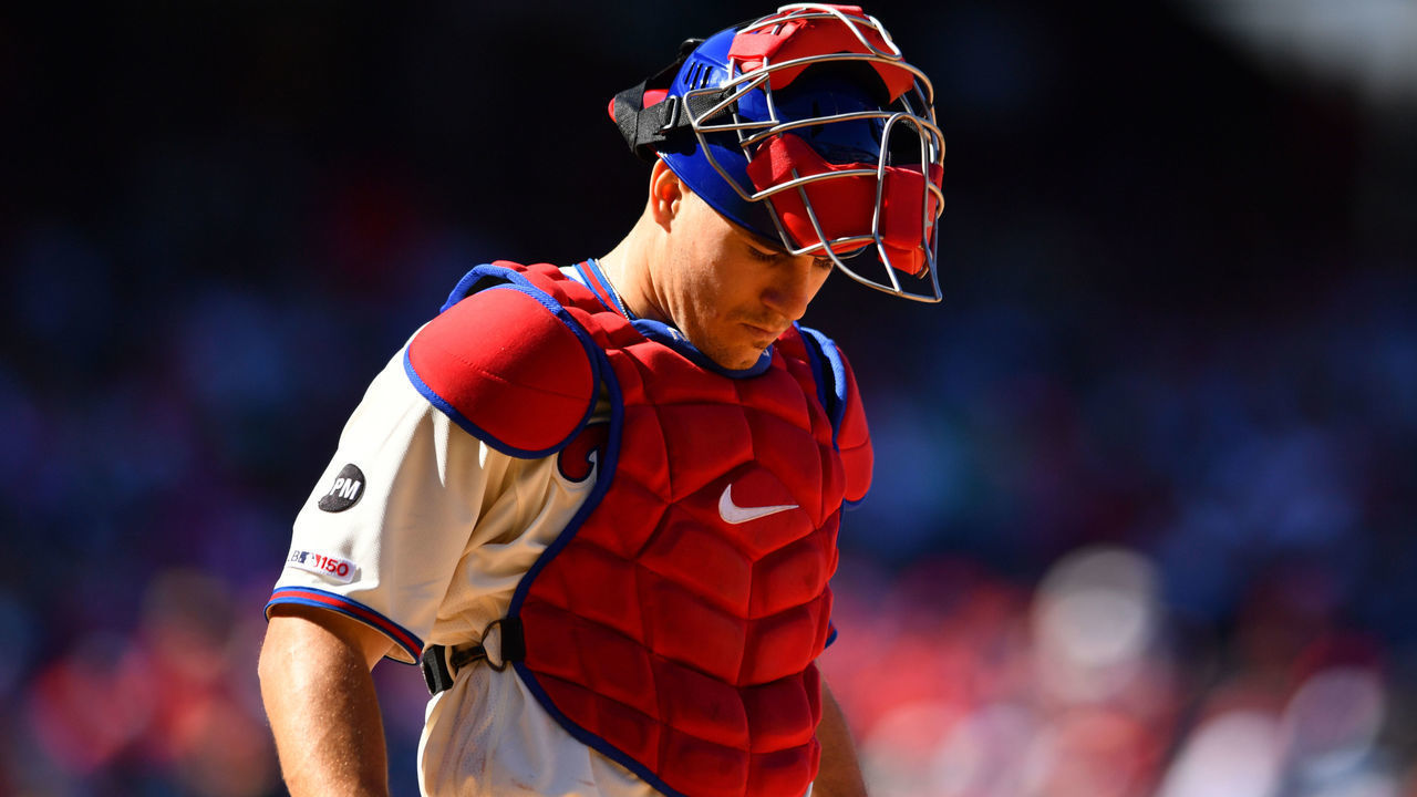 PHILADELPHIA, PA - SEPTEMBER 15: Philadelphia Phillies Catcher J.T. Realmuto (10) stands at the plate in the sixth inning during the game between the Boston Red Sox and Philadelphia Phillies on September 15, 2019 at Citizens Bank Park in Philadelphia, PA.