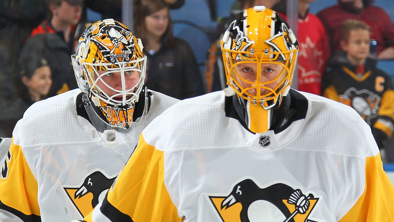 BUFFALO, NY - DECEMBER 01: Tristan Jarry (L) and Casey DeSmith (R) of the Pittsburgh Penguins warm up before an NHL game against the Buffalo Sabres on December 1, 2017 at KeyBank Center in Buffalo, New York.
