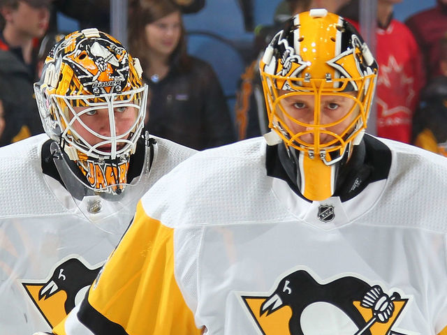 BUFFALO, NY - DECEMBER 01: Tristan Jarry (L) and Casey DeSmith (R) of the Pittsburgh Penguins warm up before an NHL game against the Buffalo Sabres on December 1, 2017 at KeyBank Center in Buffalo, New York.