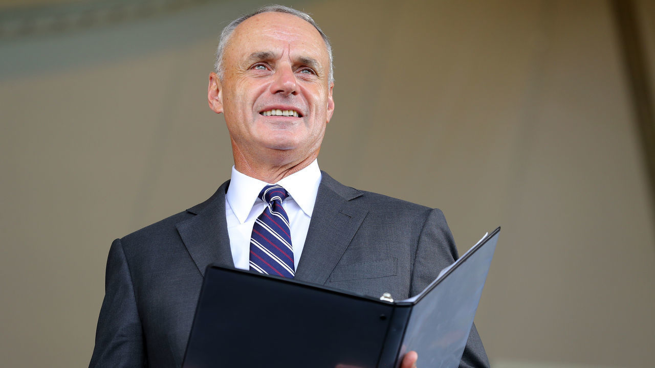 COOPERSTOWN, NY - JULY 21: Commissioner of Baseball Robert D. Manfred Jr. looks on during the 2019 Hall of Fame Induction Ceremony at the National Baseball Hall of Fame on Sunday July 21, 2019 in Cooperstown, New York.