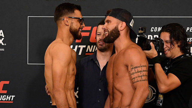 MEXICO CITY, MEXICO - SEPTEMBER 20: (L-R) Yair Rodriguez of Mexico and Jeremy Stephens face off during the UFC Fight Night weigh-in on September 20, 2019 in Mexico City, Mexico.