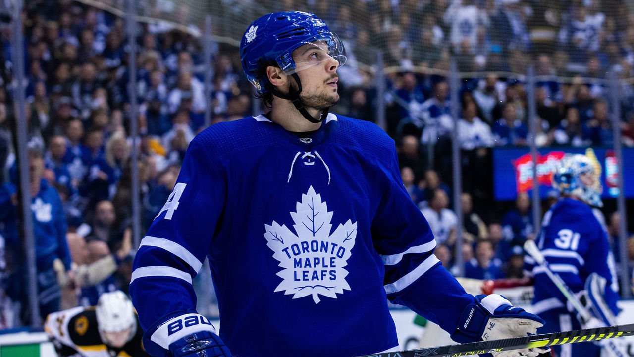 TORONTO, ON - APRIL 21: Auston Matthews #34 of the Toronto Maple Leafs looks on against the Boston Bruins during the first period during Game Six of the Eastern Conference First Round during the 2019 NHL Stanley Cup Playoffs at the Scotiabank Arena on April 21, 2019 in Toronto, Ontario, Canada.