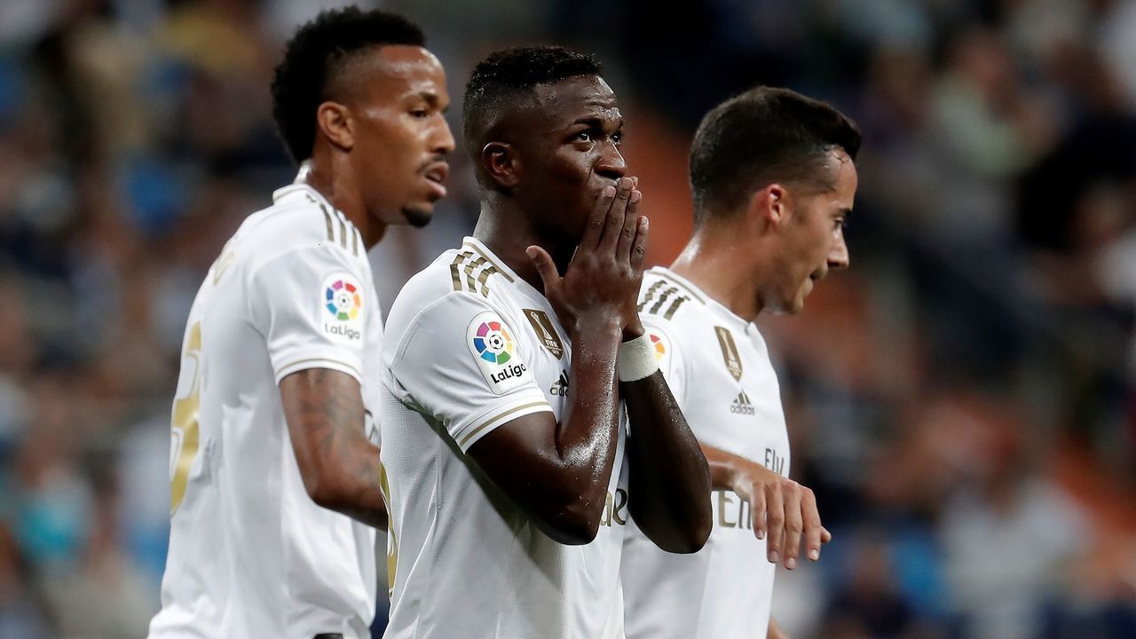 MADRID, SPAIN - SEPTEMBER 25: Real Madrid's Vinicius Junior (C) celebrates after scoring their opening goal during a La Liga football match between Real Madrid CF and CA Osasuna at the Santiago Bernabeu Stadium in Madrid, Spain on September 25, 2019.