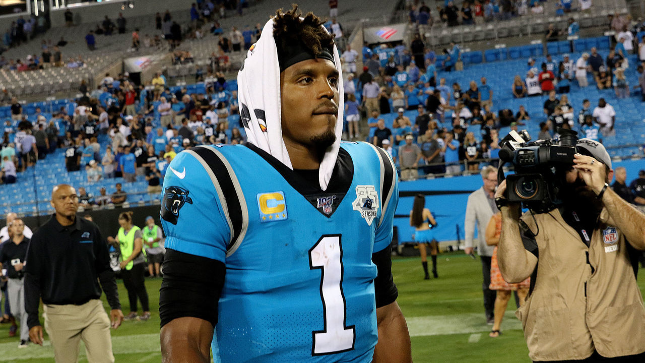 CHARLOTTE, NC - SEPTEMBER 12: Cam Newton (1) quarterback of Carolina during a NFL football game between the Tampa Bay Buccaneers and the Carolina Panthers on September 12, 2019, at Bank of America Stadium in Charlotte, N.C.