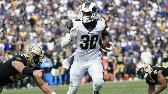 LOS ANGELES, CALIFORNIA - SEPTEMBER 15: Todd Gurley #30 of the Los Angeles Rams rushes the ball for a third quarter rushing touchdown against the New Orleans Saints at Los Angeles Memorial Coliseum on September 15, 2019 in Los Angeles, California.