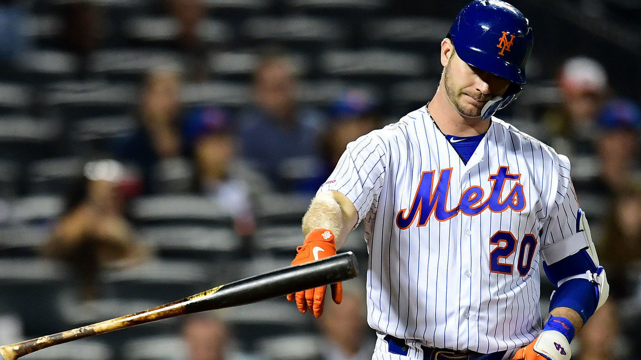 NEW YORK, NEW YORK - SEPTEMBER 25: Pete Alonso #20 of the New York Mets throws his bat after being walked in the ninth inning of their game against the Miami Marlins at Citi Field on September 25, 2019 in the Flushing neighborhood of the Queens borough in New York City.