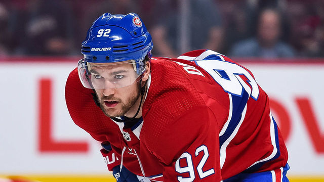 MONTREAL, QC - SEPTEMBER 16: Montreal Canadiens left wing Jonathan Drouin (92) waits for a faceoff during the New Jersey Devils versus the Montreal Canadiens preseason game on September 16, 2019, at Bell Centre in Montreal, QC