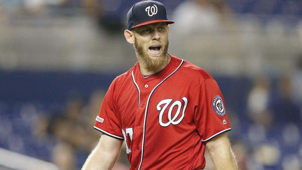 MIAMI, FLORIDA - SEPTEMBER 21: Stephen Strasburg #37 of the Washington Nationals reacts in the seventh inning against the Miami Marlins at Marlins Park on September 21, 2019 in Miami, Florida.