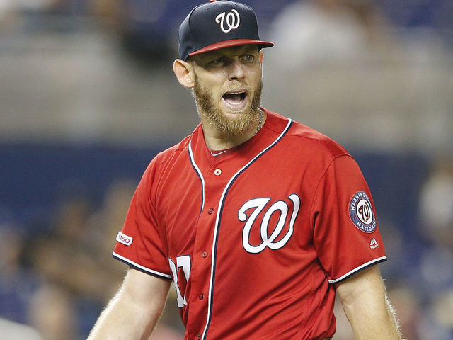 MIAMI, FLORIDA - SEPTEMBER 21: Stephen Strasburg #37 of the Washington Nationals reacts in the seventh inning against the Miami Marlins at Marlins Park on September 21, 2019 in Miami, Florida.