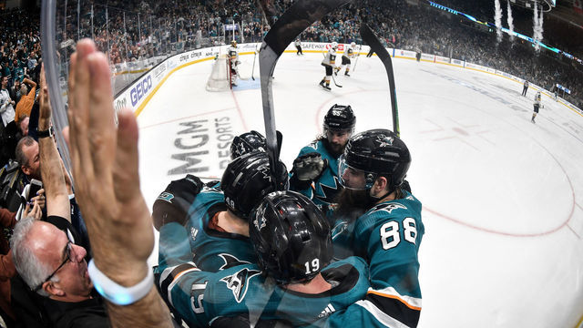 SAN JOSE, CA - APRIL 18: Tomas Hertl #48, Brent Burns #88, Erik Karlsson #65, Joe Pavelski #8 and Joe Thornton #19 of the San Jose Sharks celebrates scoring a goal against the Vegas Golden Knights in Game Five of the Western Conference First Round during the 2019 NHL Stanley Cup Playoffs at SAP Center on April 18, 2019 in San Jose, California