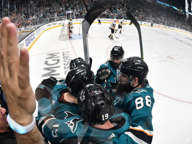 SAN JOSE, CA - APRIL 18: Tomas Hertl #48, Brent Burns #88, Erik Karlsson #65, Joe Pavelski #8 and Joe Thornton #19 of the San Jose Sharks celebrates scoring a goal against the Vegas Golden Knights in Game Five of the Western Conference First Round during the 2019 NHL Stanley Cup Playoffs at SAP Center on April 18, 2019 in San Jose, California