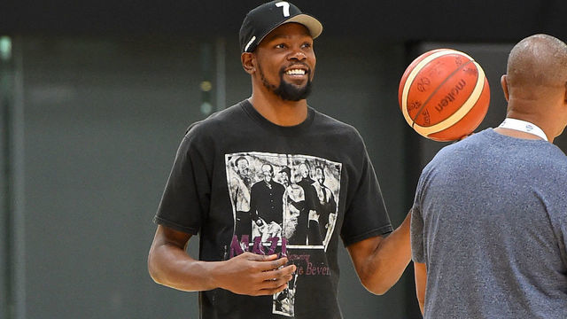 EL SEGUNDO, CA - AUGUST 15: Kevin Durant looks on during 2019 USA Basketball Men's National Team Training Camp at UCLA Health Training Center on August 15, 2019 in El Segundo, California. NOTE TO USER: User expressly acknowledges and agrees that, by downloading and/or using this Photograph, user is consenting to the terms and conditions of the Getty Images License Agreement. Mandatory Copyright Notice: Copyright 2019 NBAE