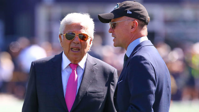 FOXBOROUGH, MA - SEPTEMBER 22: New England Patriots owner Robert Kraft and New York Jets owner Christopher Johnson on the field prior to the National Football League game between the New England Patriots and the New York Jets on September 22, 2019 at Gilette Stadium in Foxborough, MA.