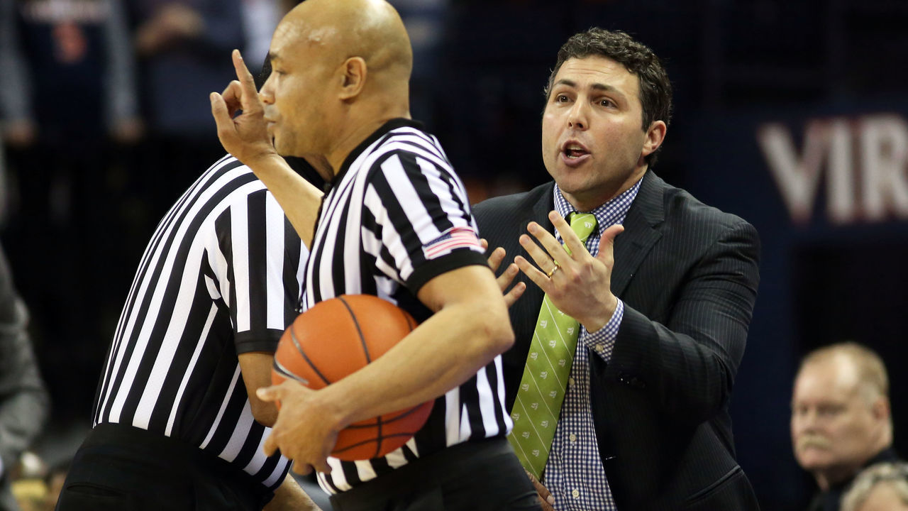 CHARLOTTESVILLE, VA - FEBRUARY 27: Head coach Josh Pastner of the Georgia Tech Yellow Jackets disputes a call in the first half during a game against the Virginia Cavaliers at John Paul Jones Arena on February 27, 2019 in Charlottesville, Virginia.