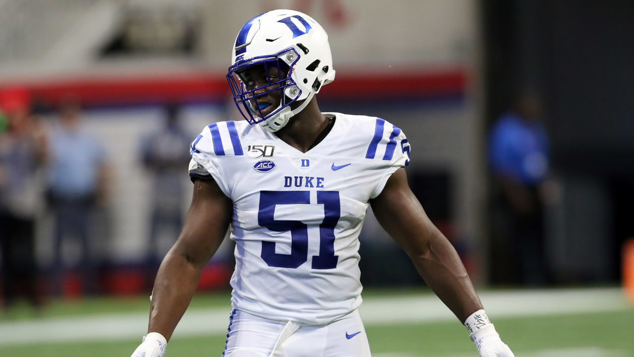 ATLANTA, GA - AUGUST 31: Duke Blue Devils defensive end Victor Dimukeje (51) during the Chick-fil-A Kickoff Game between the Alabama Crimson Tide and the Duke Blue Devils on August 31, 2019 at Mercedes-Benz Stadium in Atlanta, Georgia.