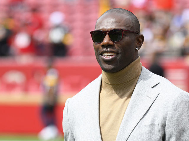 SANTA CLARA, CA - SEPTEMBER 22: Former 49ers Terrell Owens looks on during the National Football League game between the Pittsburgh Steelers and the San Francisco 49ers on September 22, 2019, at Levi's Stadium in Santa Clara, CA.