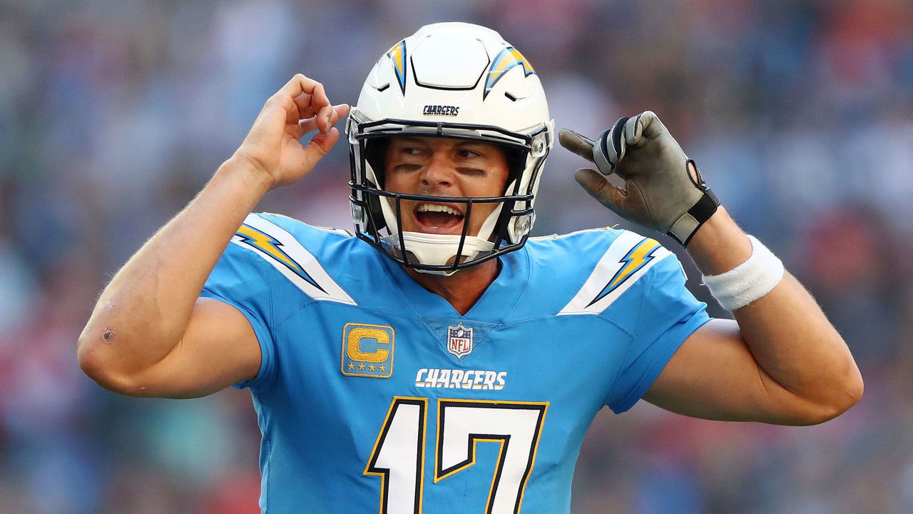 LONDON, ENGLAND - OCTOBER 21: Philip Rivers of Los Angeles Chargers reacts during the NFL International Series match between Tennessee Titans and Los Angeles Chargers at Wembley Stadium on October 21, 2018 in London, England.