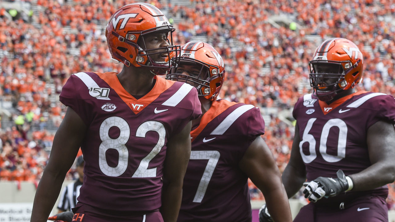 BLACKSBURG, VA - SEPTEMBER 14: Tight end James Mitchell #82 of the Virginia Tech Hokies celebrates following his touchdown against the Furman Paladins in the second half at Lane Stadium on September 14, 2019 in Blacksburg, Virginia.