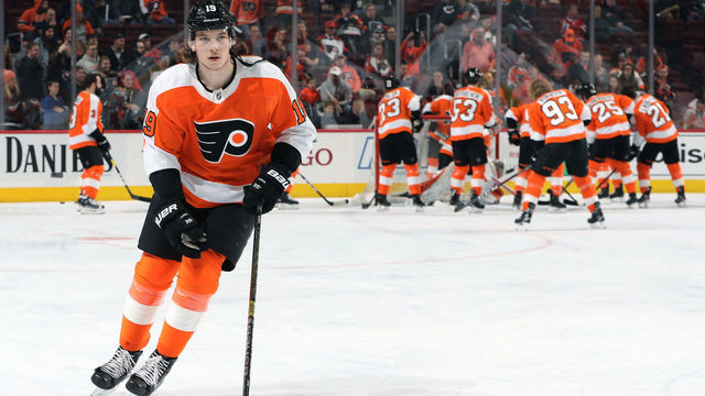 PHILADELPHIA, PA - MARCH 19: Nolan Patrick #19 of the Philadelphia Flyers warms up against the Montreal Canadiens on March 19, 2019 at the Wells Fargo Center in Philadelphia, Pennsylvania.