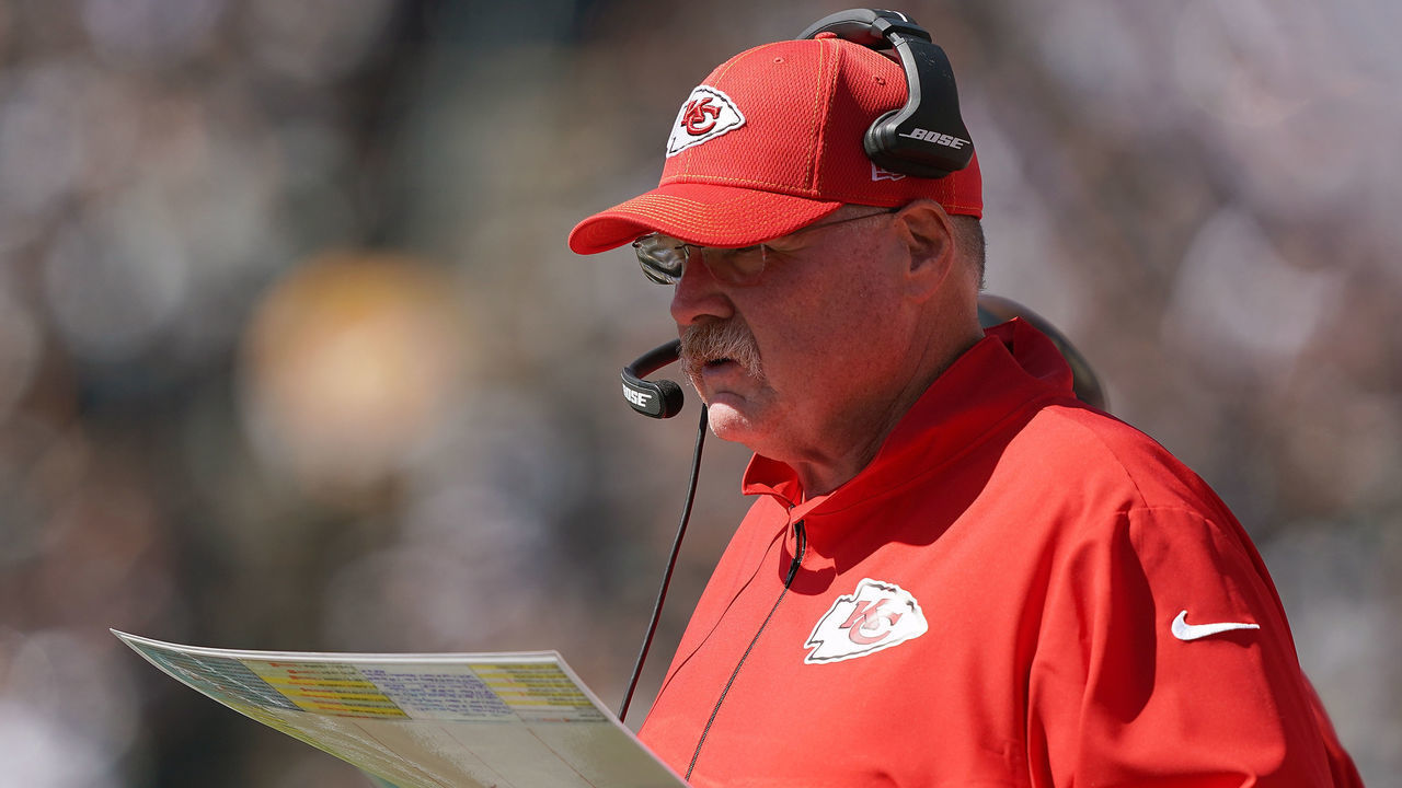 OAKLAND, CA - SEPTEMBER 15: Head coach Andy Reid of the Kansas City Chiefs looks on from the sidelines against the Oakland Raiders during the second quarter of an NFL football game at RingCentral Coliseum on September 15, 2019 in Oakland, California.