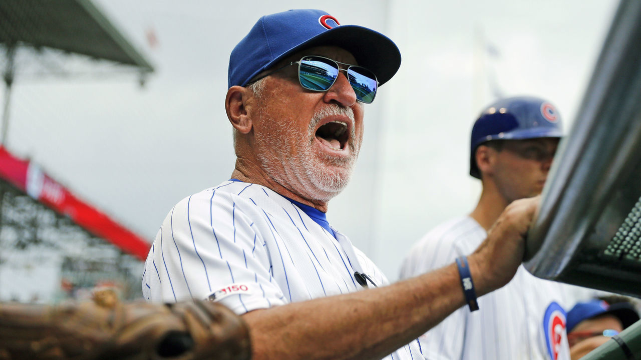 CHICAGO, ILLINOIS - SEPTEMBER 21: Manager Joe Maddon #70 of the Chicago Cubs stands in the dugout during the game against the St. Louis Cardinals at Wrigley Field on September 21, 2019 in Chicago, Illinois.