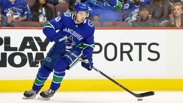 VANCOUVER, BC - MARCH 30: Vancouver Canucks Defenceman Quinn Hughes (43) skates with the puck during their NHL game against the Dallas Stars at Rogers Arena on March 30, 2019 in Vancouver, British Columbia, Canada.