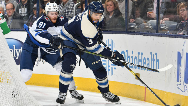 COLUMBUS, OH - MARCH 3: Seth Jones #3 of the Columbus Blue Jackets skates against the Winnipeg Jets on March 3, 2019 at Nationwide Arena in Columbus, Ohio.