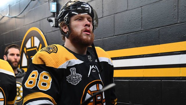 BOSTON, MA - MAY 29: David Pastrnak #88 of the Boston Bruins in the tunnel prior to the start of the game against the St Louis Blues during Game Two of the 2019 NHL Stanley Cup Final at the TD Garden on May 29, 2019 in Boston, Massachusetts.