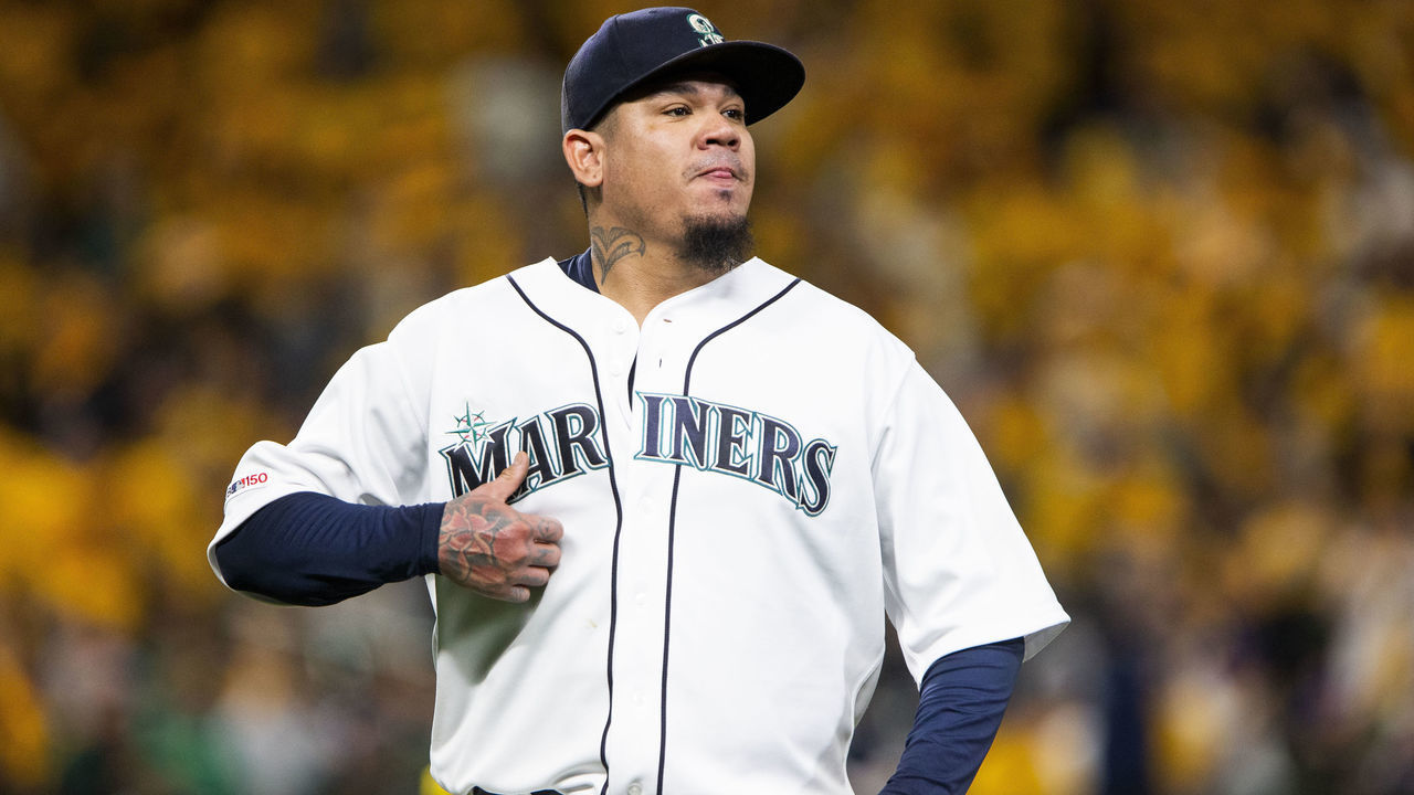 SEATTLE, WA - SEPTEMBER 26: Felix Hernandez #34 of the Seattle Mariners walks off the field after pitching in the first inning against the Oakland Athletics at T-Mobile Park on September 26, 2019 in Seattle, Washington.