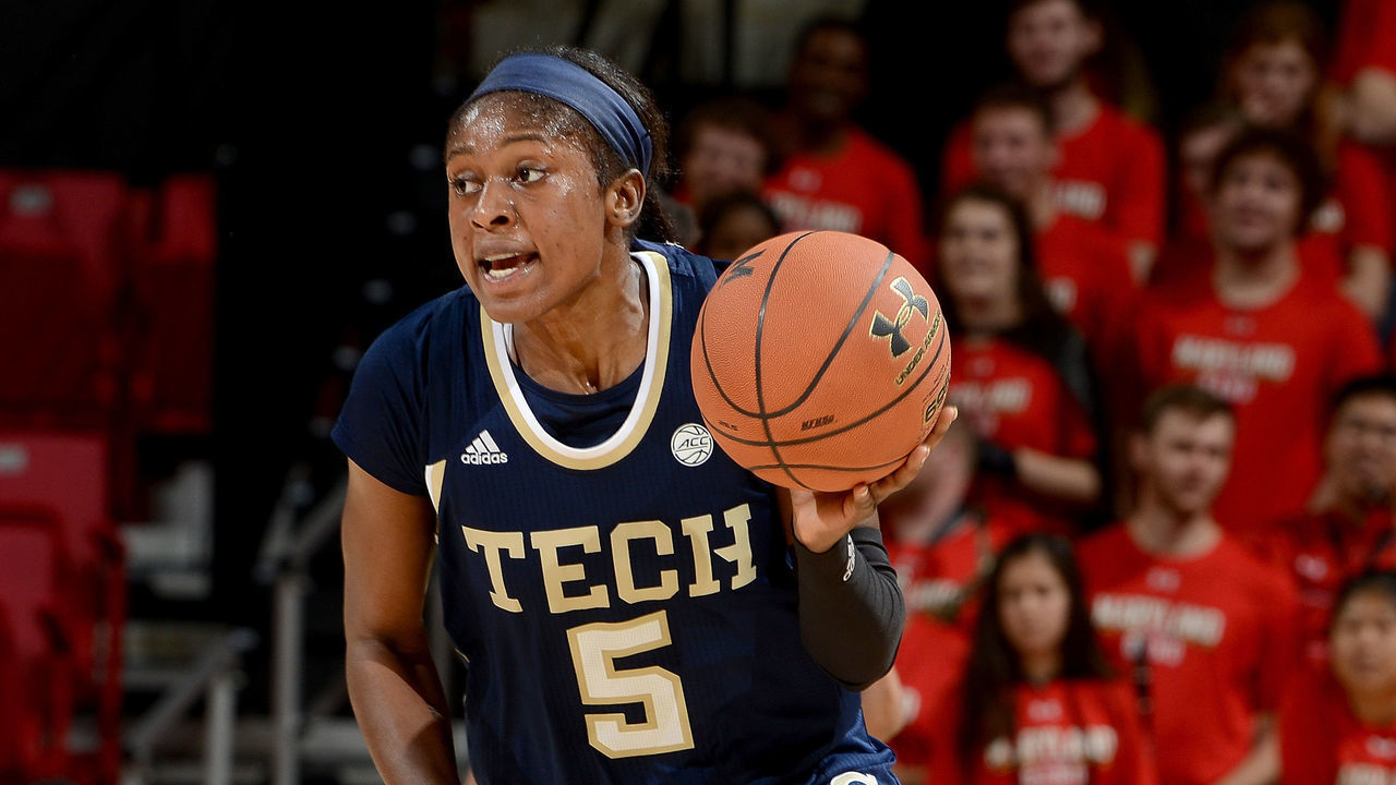 COLLEGE PARK, MD - NOVEMBER 29: Elizabeth Balogun #5 of the Georgia Tech Yellow Jackets handles the ball against the Maryland Terrapins at Xfinity Center on November 29, 2018 in College Park, Maryland.