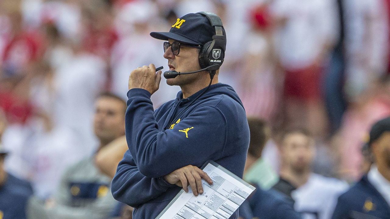 MADISON, WI - SEPTEMBER 21: Michigan Wolverines head coach Jim Harbaugh in action a college football game between the Michigan Wolverines and the Wisconsin Badgers on September 21, 2019, at Camp Randall Stadium in Madison, WI.