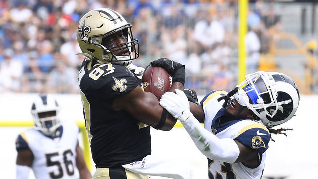LOS ANGELES, CA - SEPTEMBER 15: New Orleans Saints Tight End Jared Cook (87) makes a catch as Los Angeles Rams Cornerback Nickell Robey-Coleman (23) is all over him during an NFL game between the New Orleans Saints and the Los Angeles Rams on September 15, 2019, at the Los Angeles Memorial Coliseum in Los Angeles, CA.