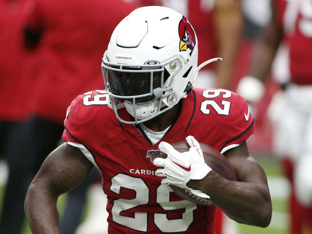 GLENDALE, ARIZONA - SEPTEMBER 22: Running back Chase Edmonds #29 of the Arizona Cardinals warms up prior to the NFL football game against the Carolina Panthers at State Farm Stadium on September 22, 2019 in Glendale, Arizona.