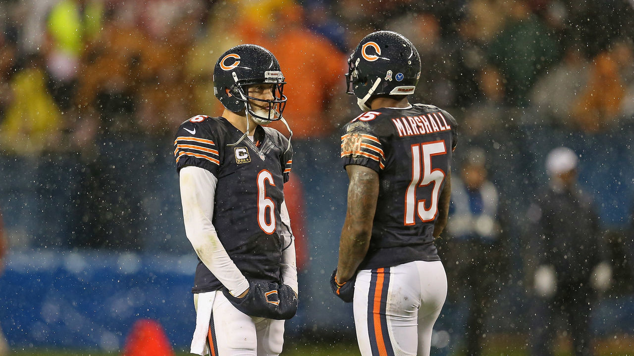 CHICAGO, IL - NOVEMBER 11: Jay Cutler #6 and Brandon Marshall #15 of the Chicago Bears talk during a replay break against the Houston Texans at Soldier Field on November 11, 2012 in Chicago, Illinois. The Texans defeated the Bears 13-6.